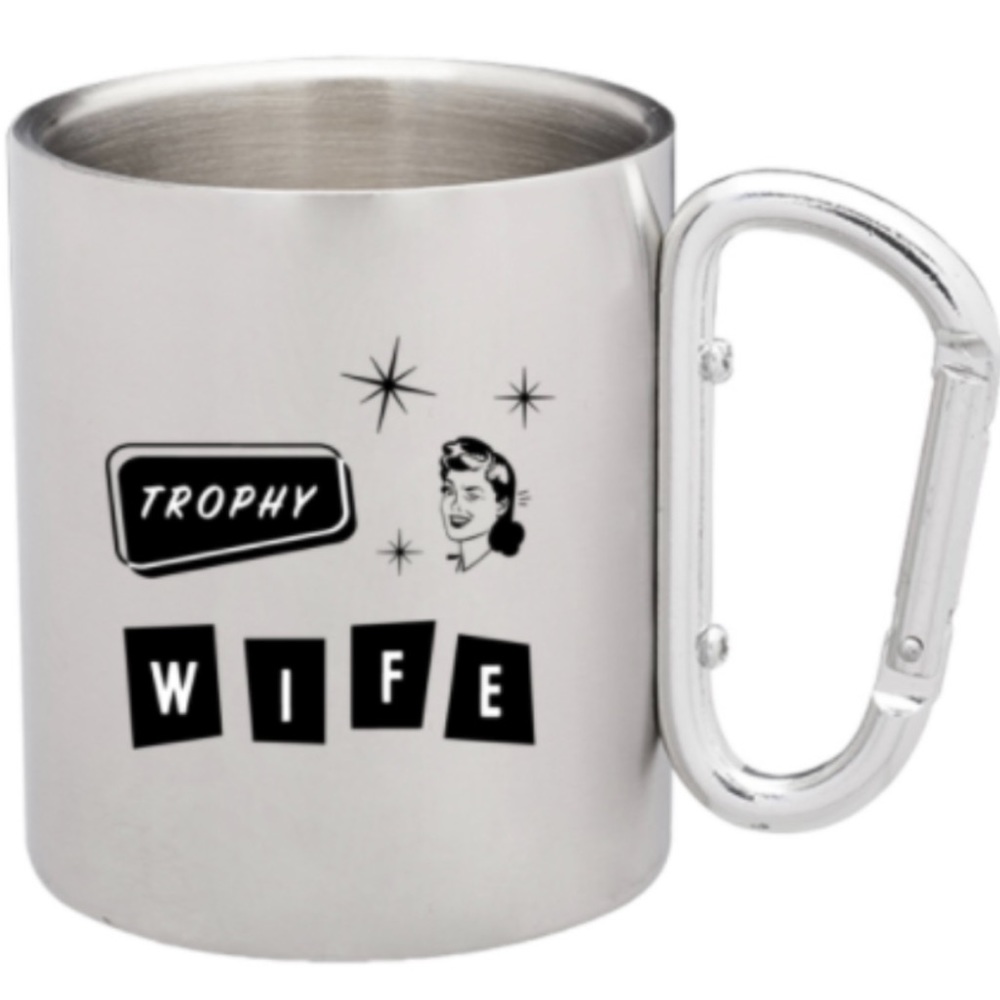 NWOT Funny Silver Retro Trophy Wife Caribener Clip Handle Coffee Mug